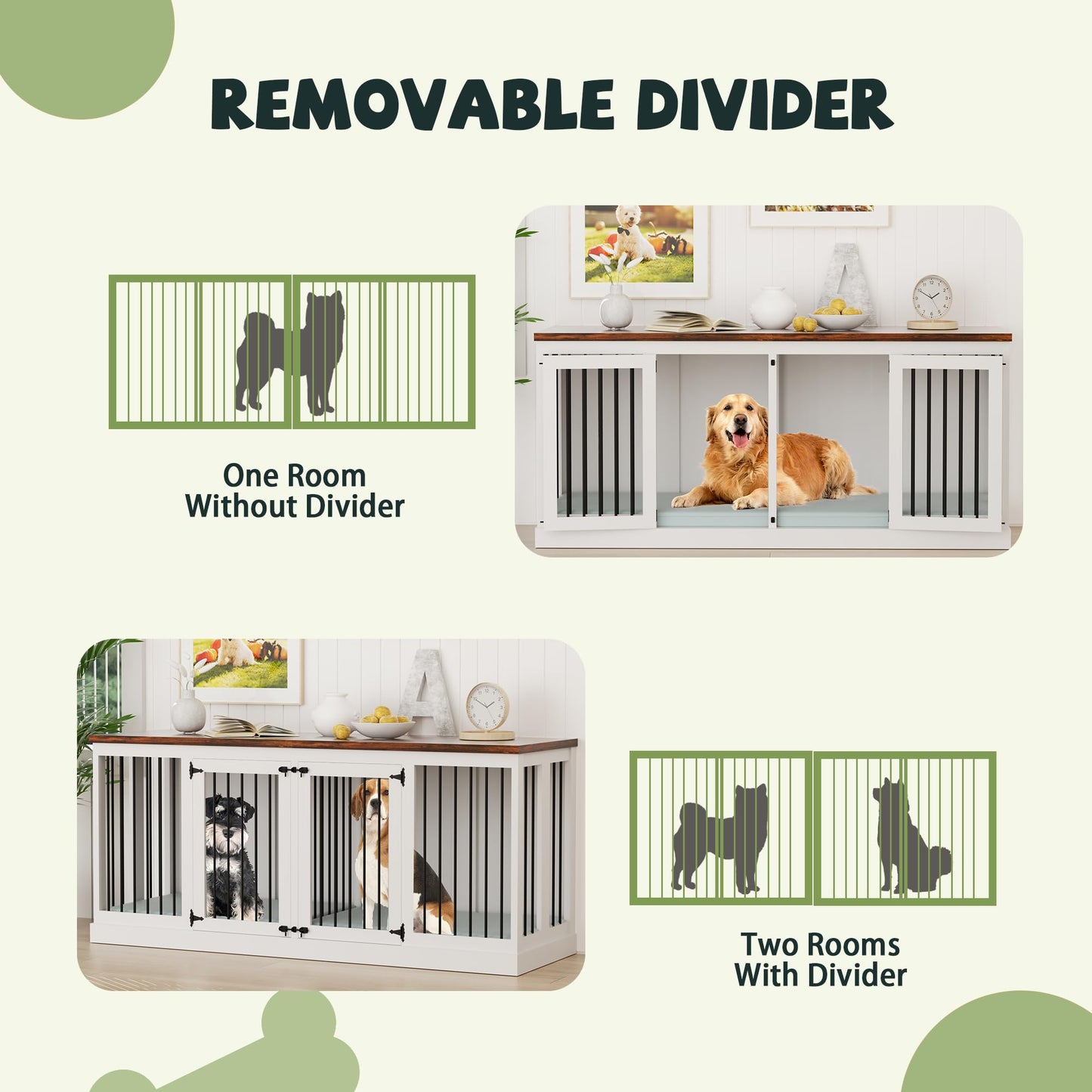 70.9 inch Double Dog Crate Furniture, Furniture Style Dog Crate Table, Wood Crates for Dogs Kennel Indoor with Removable Divider, XXL Heavy Duty Decorative Dog Crate Table for 2 Dogs (White)