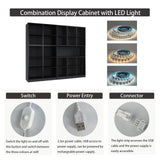 Mekminop Wood and Glass Display Cabinet, Modern Bookcase with Glass Doors, Led Light & Shelves, 78.7” W Large Combination Storage Cabinet with Handle for Home Office, Living Room, Black Mekminop