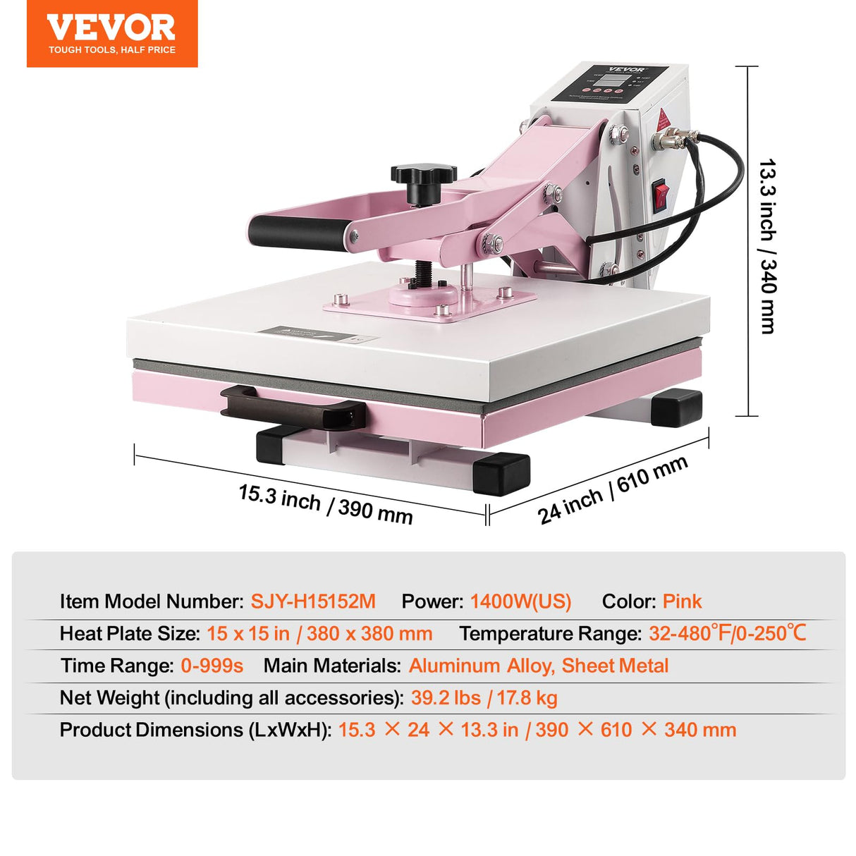 VEVOR Heat Press, 15 x 15 in Digital Heat Press Machine, Slide Out Heat Transfer Machine, Fast and Even Heating, 2-Layer Insulation Cotton, Heat Transfer Machine for T-Shirts/Bags/Pillows, Pink VEVOR