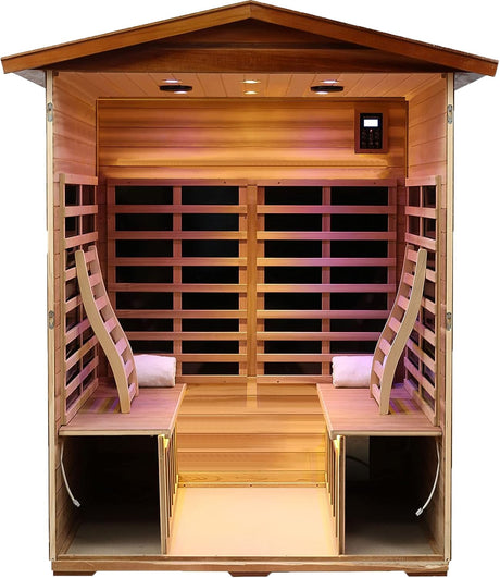 JKIUI Far Infrared Sauna Low EMF Wooden Sauna for Home, 4 Person Outdoor Sauna Room, 2,050watt, American Basswood, Indoor Home Sauna with Bluetooth, LCD, LED JKIUI