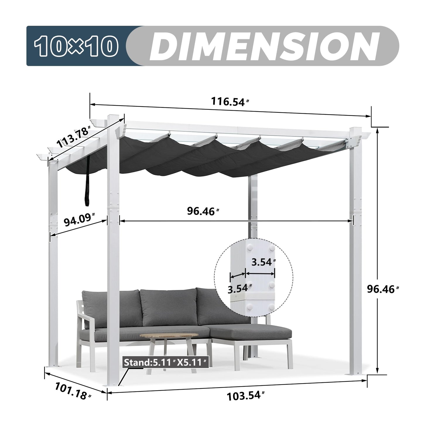 PURPLE LEAF 10' x 10' Outdoor Retractable Pergola Heavy-Duty Aluminum DIY White Pergola with Sun Shade Canopy Patio Modern Shelter for Garden Yard Deck Grape Trellis, Grey - WoodArtSupply