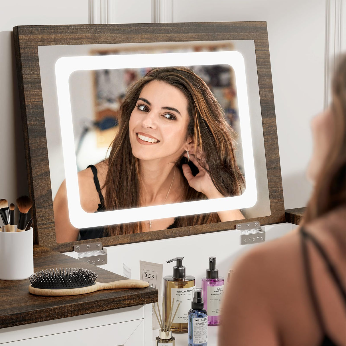 BROTTAR Dresser with Mirror for Bedroom, Chest of Drawers with LED Mirror, 8 Drawer Dresser with Charging Station, White Kids Dressers, Farmhouse Makeup Vanity with Storage for Bedroom BROTTAR