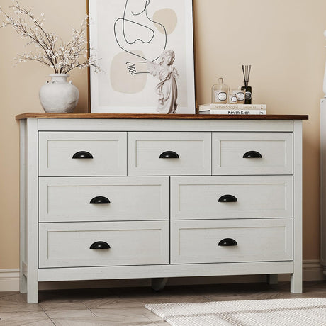 HOUROM Farmhouse White Dresser for Bedroom, Wide Wood Dressers & Chests of Drawers with Vintage Black Handle, 7 Drawer Dresser for Bedroom Hallway, Entryway, Antique White HOUROM