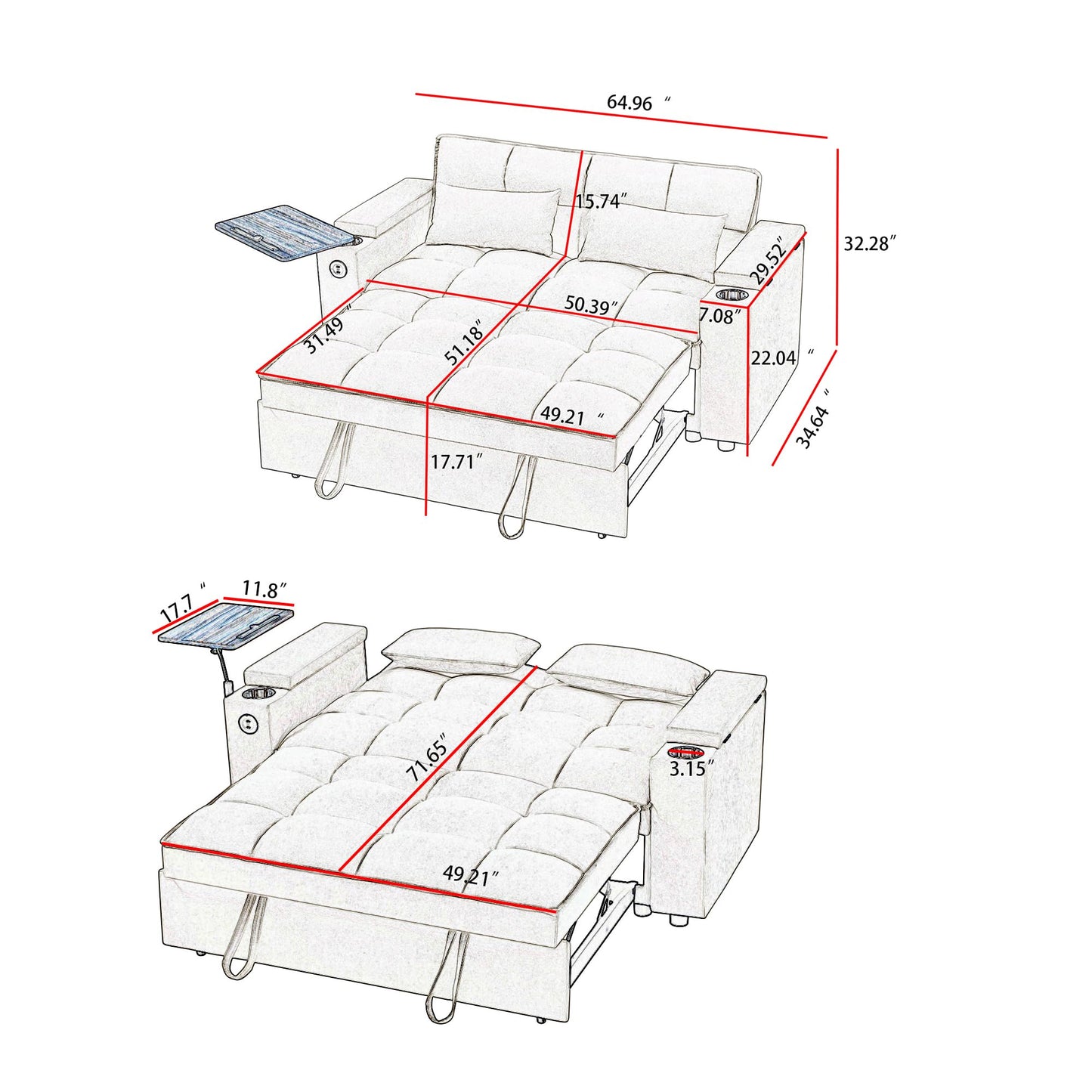 3 in 1 Convertible Pull Out Sleeper Sofa Bed ,64.96" Oversized Chenille Futon Loveseat Lounge Couch with Reclining Backrest ,Storage Armrest ,USB Port,Side Table and Cupholders for Living Room Office