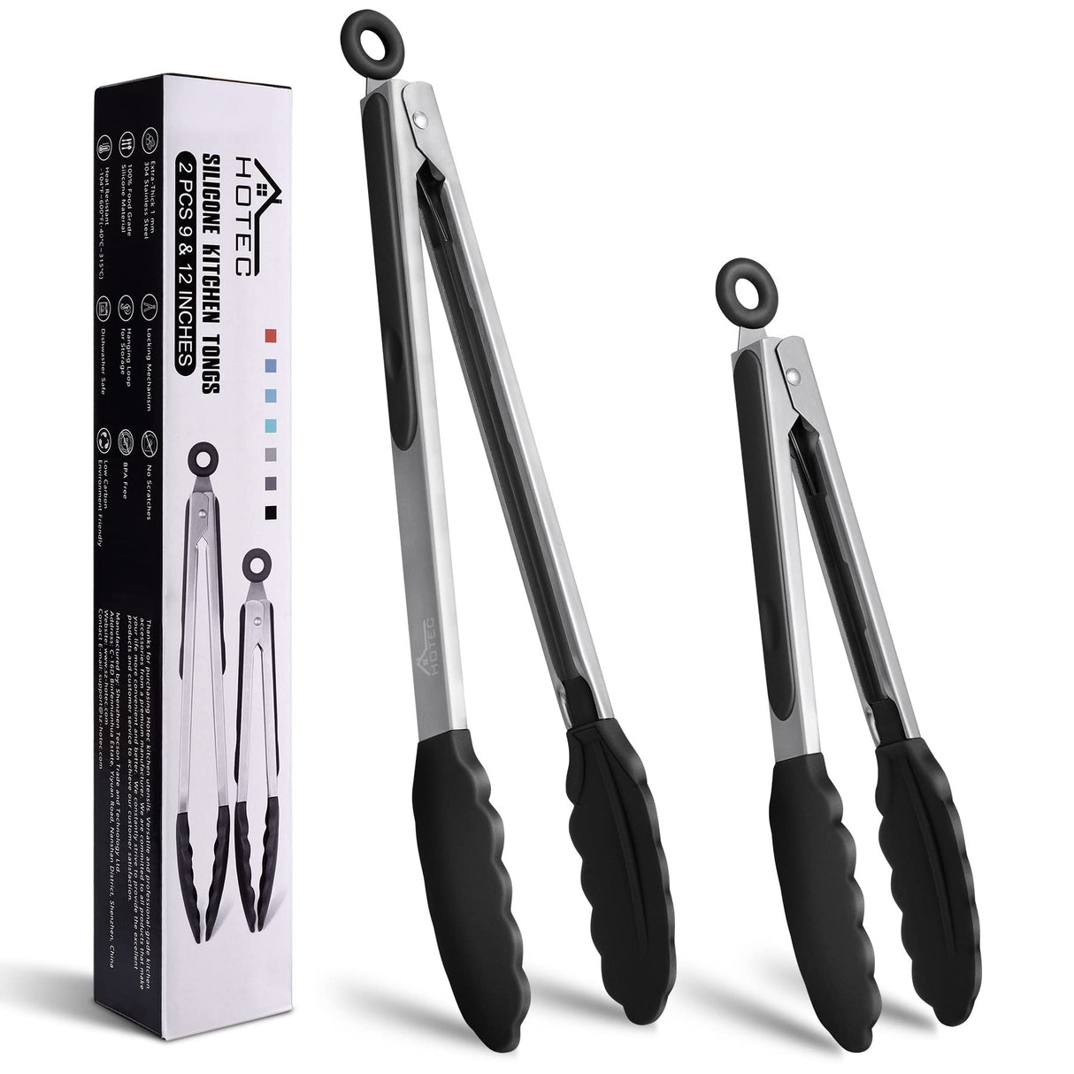 HOTEC Premium Stainless Steel Locking Kitchen Tongs with Silicon Tips, Set of 2-9" and 12" HOTEC