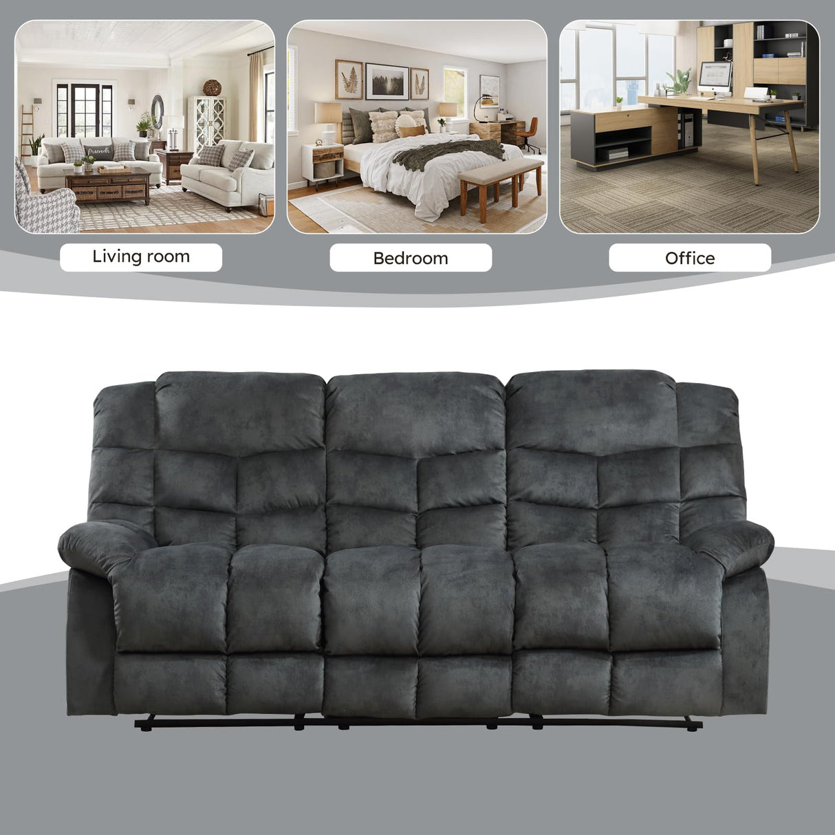 EBELLO Reclining Couch for Living Room, Extra Wide Modern Overstuffed 3 Seat Recliner Manual Sofa Breathable Fabric and Padded Cushion, Grey Green EBELLO