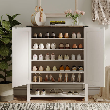 Maupvit Shoe Cabinet with Doors, 6-Tier Farmhouse Shoe Storage Cabinet with Adjustable Shelves, Shoe Shelf, Wooden Shoe Rack Organizer Cabinet for Entryway, Foyer, Hallway, Living Room, White Maupvit