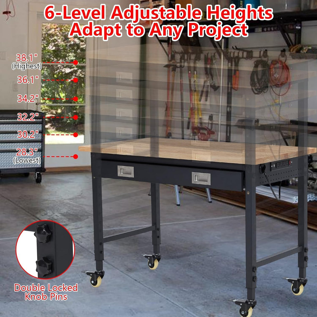 Workbench 48 x 24 Adjustable Height Worktable, Heavy Duty Rubber Wood Top, 2000 LBS Load Capacity, Tool Storage Workstation with Drawer, Pegboard, Power Outlets & Lockable Wheels IDEALHOUSE