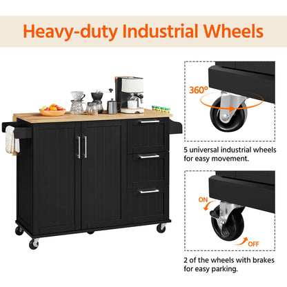 Yaheetech Black Kitchen Island Cart with Drop-Leaf Countertop, Storage Cabinet, and 3 Drawers on Wheels - WoodArtSupply