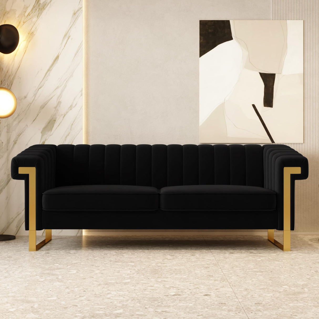 yunqishi Mid-Century Modern Black Velvet Sofa with Gold Metal Legs, 83.86" Luxury Chesterfield Comfy Couches for Living Room (Velvet, Black) yunqishi