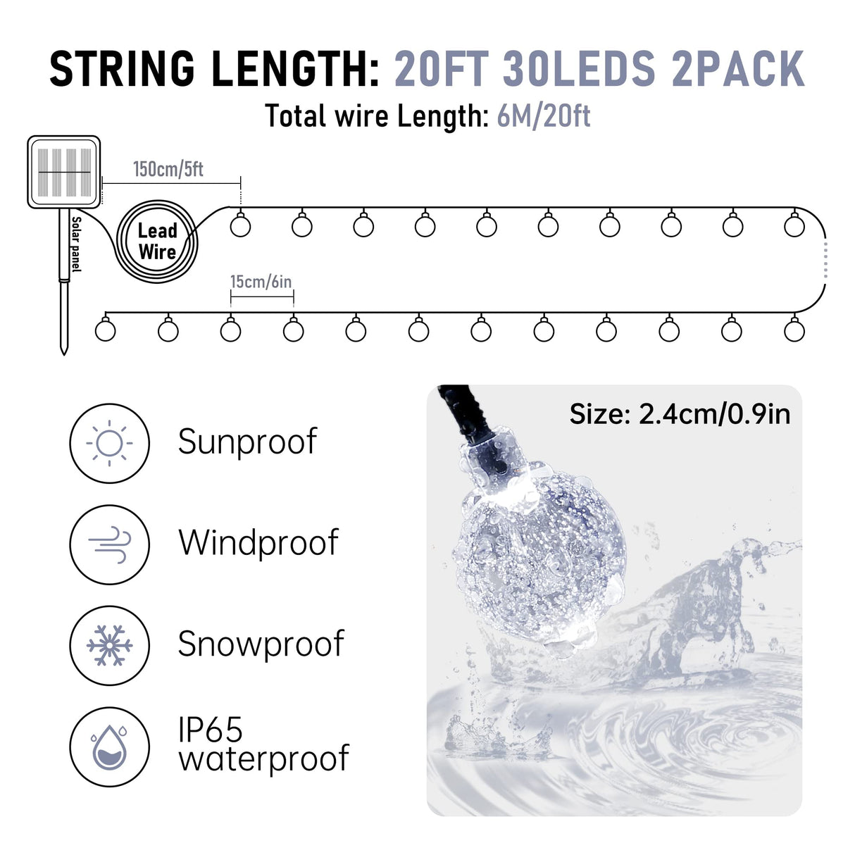 Pellimo 2-Pack 30 LED 20FT Solar String Lights Outdoor, Crystal Globe Lights with 8 Lighting Modes, Waterproof Solar Powered Patio Lights for Garden Yard Porch Wedding Party Decor (White) Pellimo