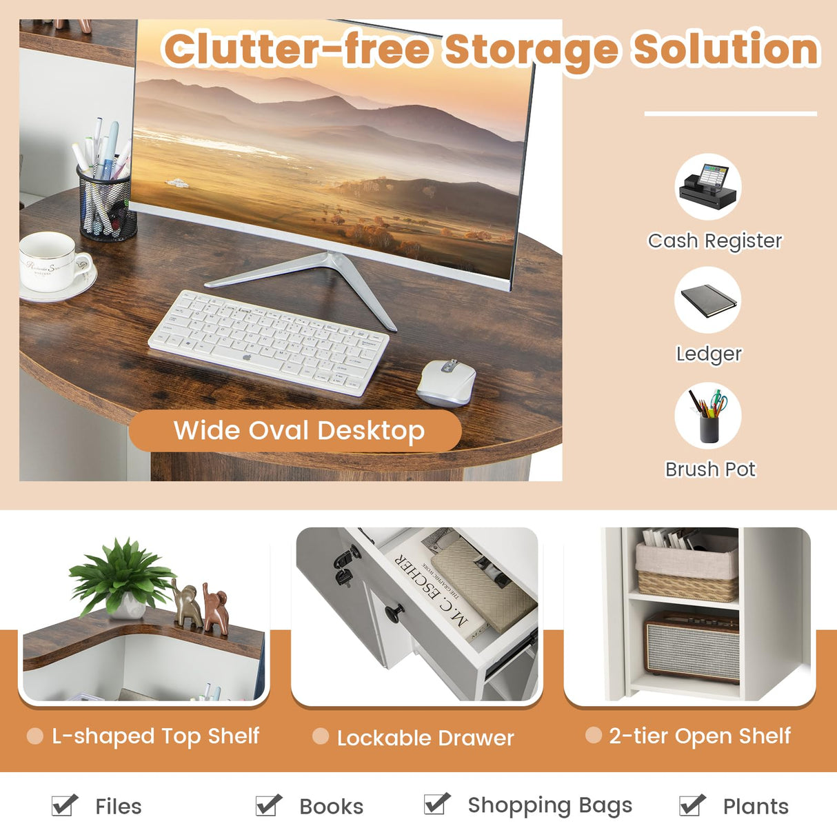 MAT EXPERT Reception Desk, Front Desk with Open Shelves, Lockable Drawer, Round Tabletop, Checkout Counter, Retail Counter, Computer Workstation for Office (White Cabinet & Rustic Brown Desktop) MAT EXPERT