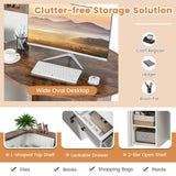 MAT EXPERT Reception Desk, Front Desk with Open Shelves, Lockable Drawer, Round Tabletop, Checkout Counter, Retail Counter, Computer Workstation for Office (White Cabinet & Rustic Brown Desktop) MAT EXPERT