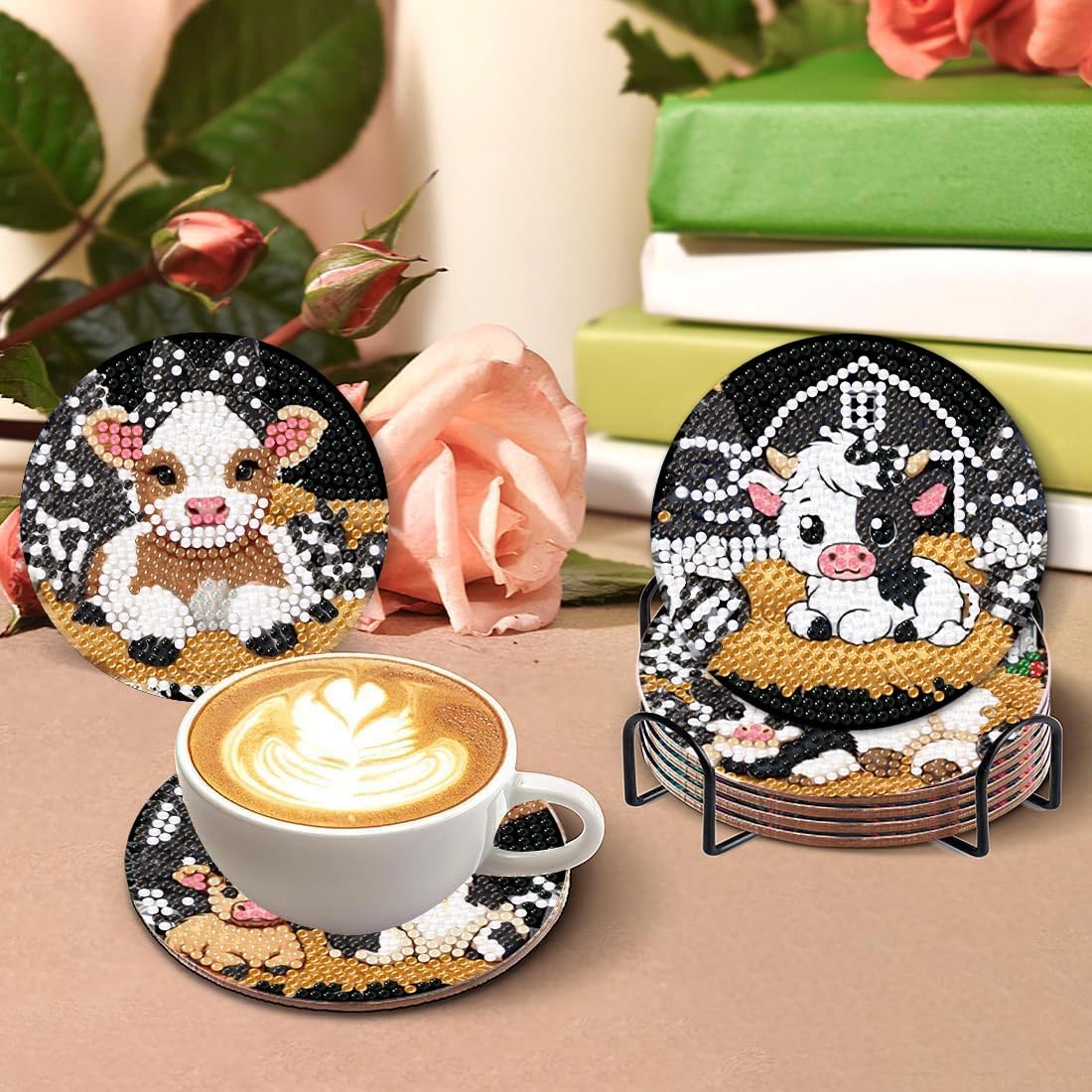 Canrichshop 8 Pcs Highland Cow Diamond Painting Coasters, Cute Animals Art Kits, 5D DIY Full Drill Dots, Arts and Crafts Supplies for Adults Canrichshop