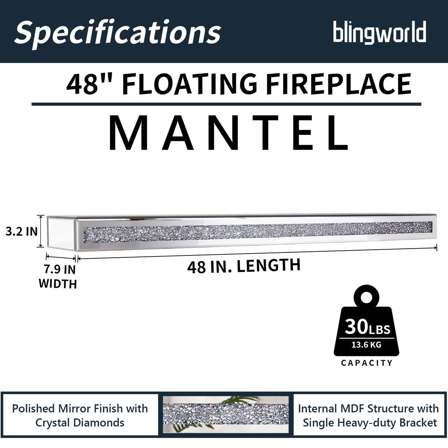 blingworld Fireplace Mantel Mirrored, 48" Glass Floating Mantel Shelf for Over Fireplace & Under TV, Gorgeous Crystal Crushed Diamond Floating Wall Shelves for Living Room, Bedroom, Kitchen, Silver