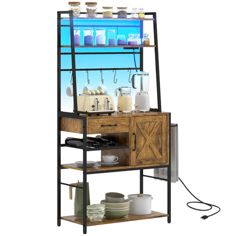 HOMCOM Industrial Baker's Rack with LED Lighting, Power Outlets, and Wine Storage HOMCOM