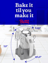 BETTY CROCKER Hand Blender 7 Speed, 250 Watt Electric Mixer with Beaters and Dough Hooks, Ergonomic Electric Hand Mixer for Home & Kitchen with Stand and Soft Touch Handle, White Betty Crocker