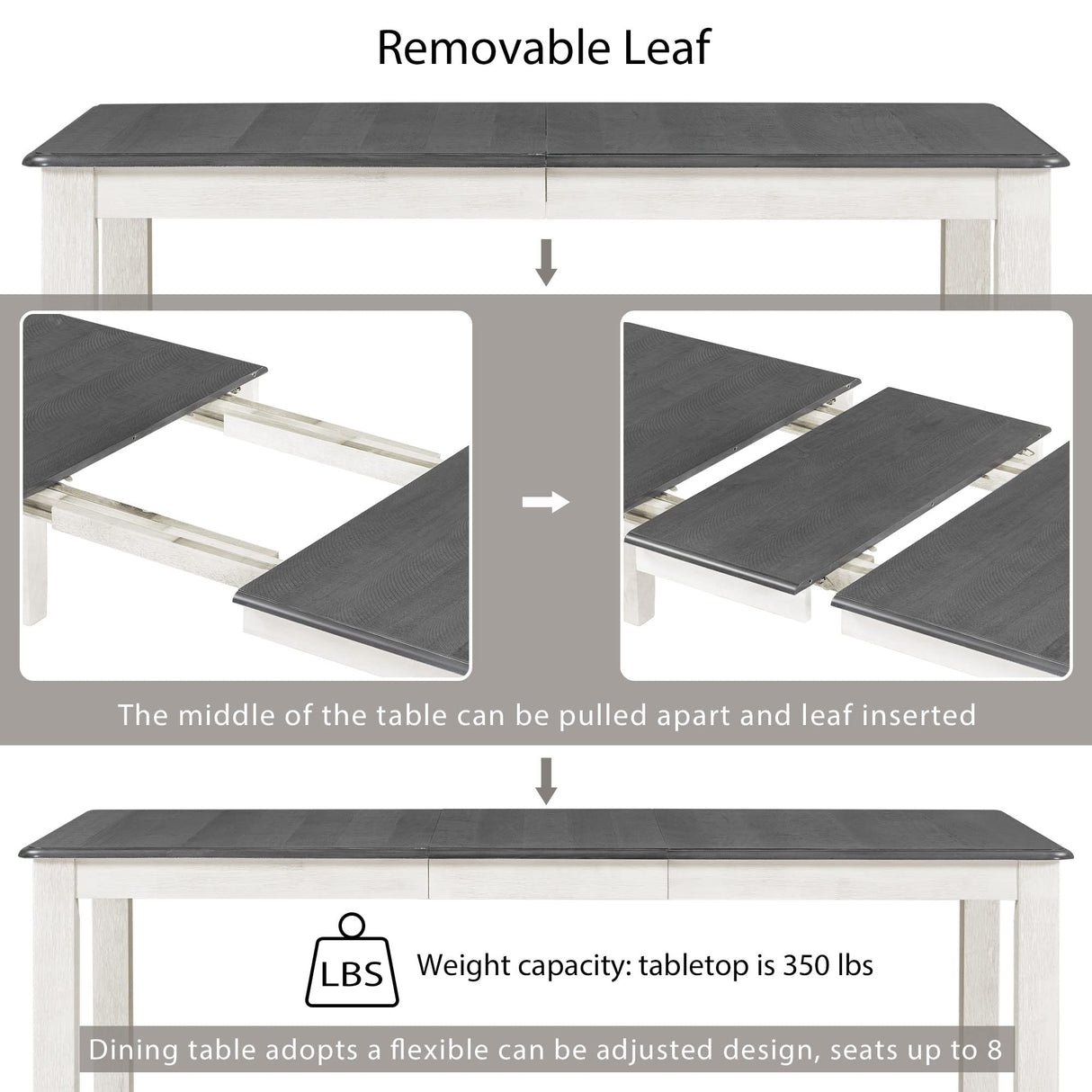 CITYLIGHT 7 Pieces Dining Table Set with Extendable Tabletop and 6 Upholstered Chairs, Solid Wood Kitchen Dining Room Table Set, Kitchen Furniture Set for 6-8 People, Gray Tabletop + White CITYLIGHT