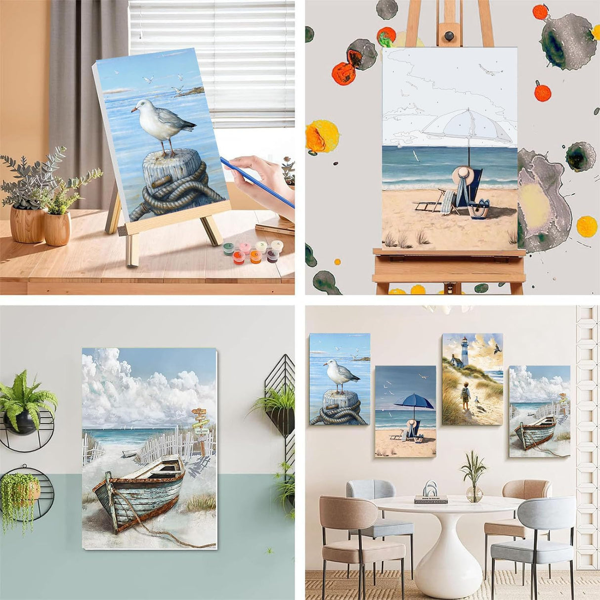 ajepon 4 Pack Framed Paint by Numbers Kit for Adults-Beach Paint by Numbers Kit for Adults with Frame,DIY Seaside Scenery Acrylic Oil Painting Kits with Framed Canvas 8x12inch (with Wooden Easel) ajepon