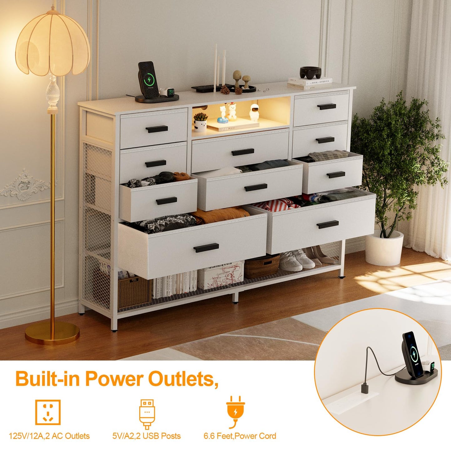 Harpaq White Dresser for Bedroom with 10 Drawers, Dresser with Charging Station, TV Stand Dresser with LED Light for 55" TV, Fabric Drawer Dresser with PU Finish, Dresser with Shelves for Clo - WoodArtSupply