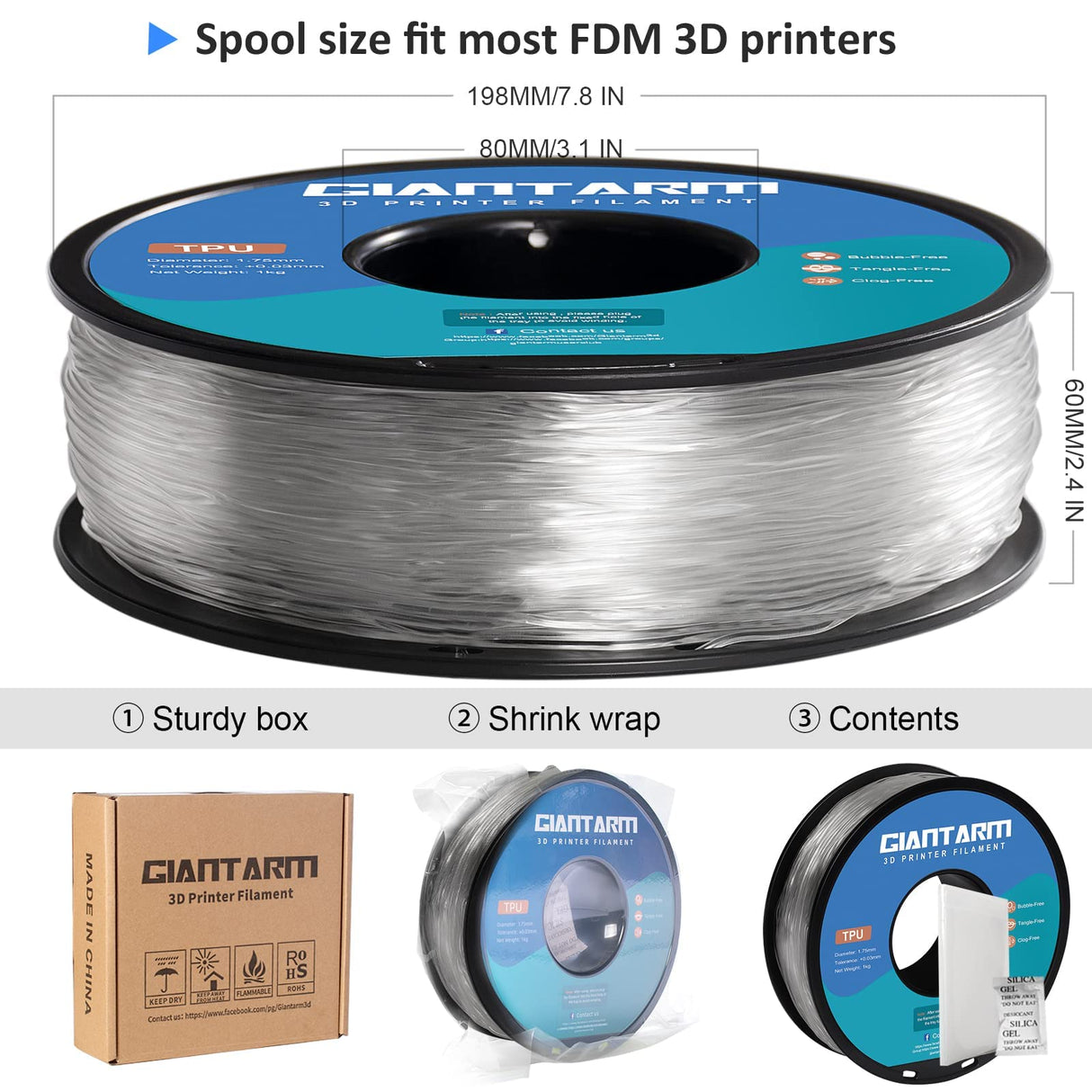 GIANTARM TPU Filament, 95A TPU Filament 1.75mm, Dimensional Accuracy +/- 0.03, Flexible Soft 3D Printer Filament 1kg Spool(2.2 lbs), Vacuum Packaging (Clear) GIANTARM