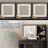 AIEGLE Vanity Desk Set with Lighted Sliding Mirror, 3 Colors LED, Makeup Drawer Dressing Table with Hidden Shelves & Cushioned Stool, Black AIEGLE