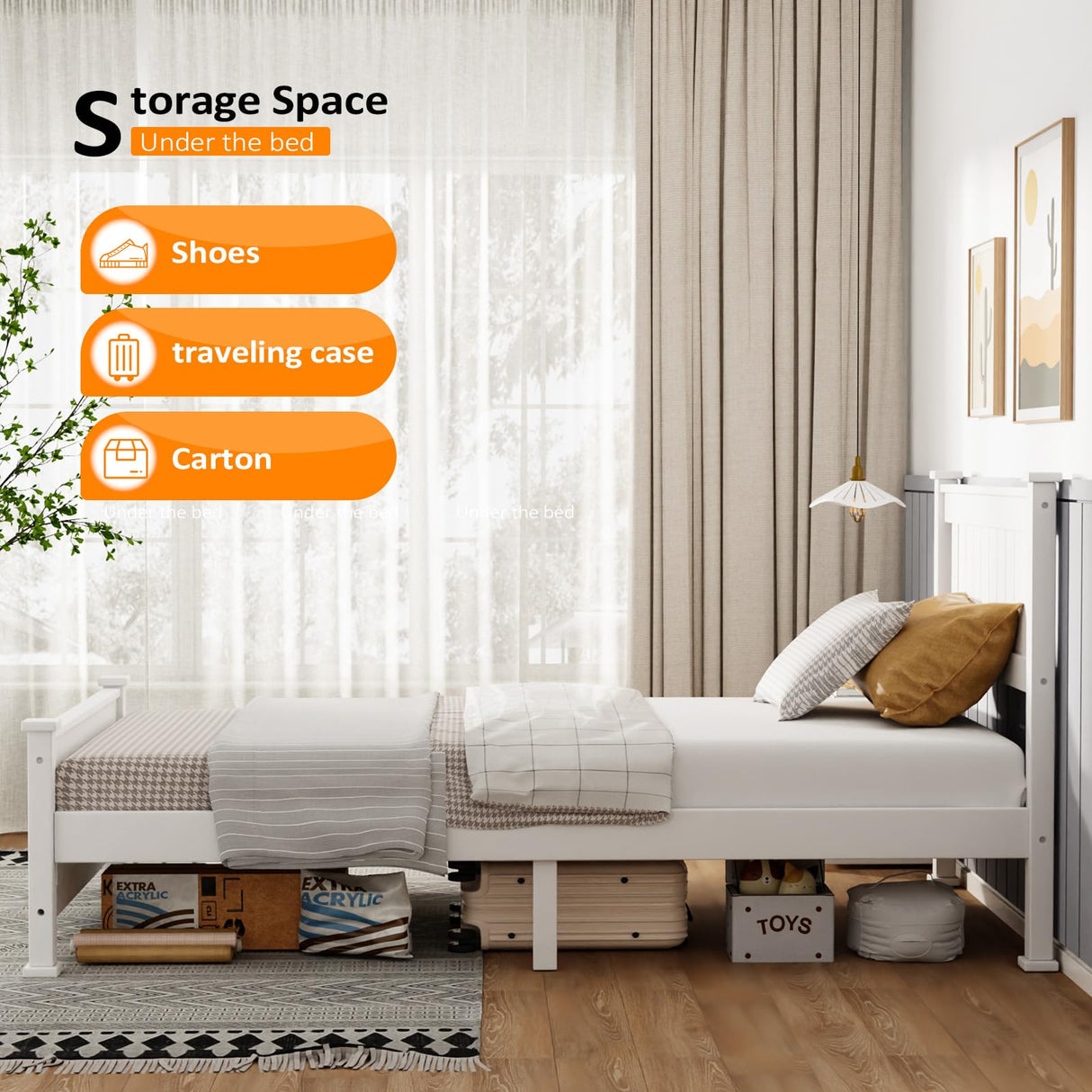 VINGLI Wood Twin Bed Frame with Headboard, Stylish Modern White Platform Single Panel Bed, No Box Spring Needed Wooden Slat Support Mattress Foundation VINGLI