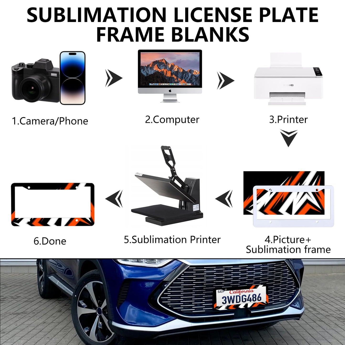 6 Pack Sublimation License Plate Frame Blanks,Metal Aluminum car Tag White,Thermal Transfer DIY Custom Picture Design for Blank License Plates Frame(12.2x6.3x0.04)