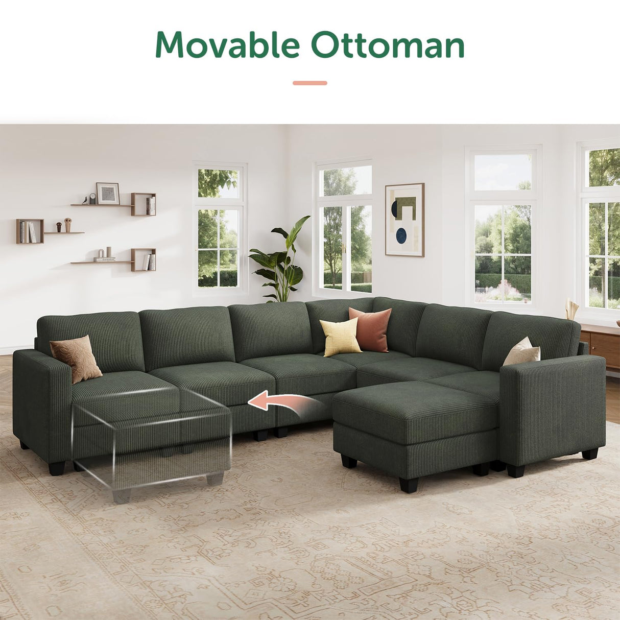 HONBAY Corduroy Sectional Couch with Storage U Shaped Sectional Sofa Modular Sectional Couches for Living Room, Green HONBAY