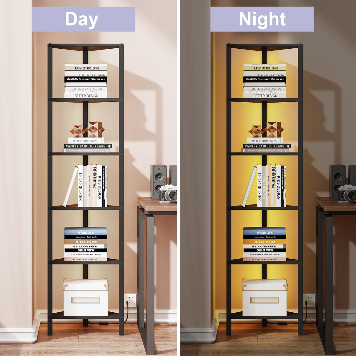 TUTOTAK Corner Shelf with LED Light, 6-Tier Corner Bookshelf for Small Space, Narrow Display Corner Shelf Stand with Storage Rack, for Living Room, Bedroom, Black BS05BK006L TUTOTAK