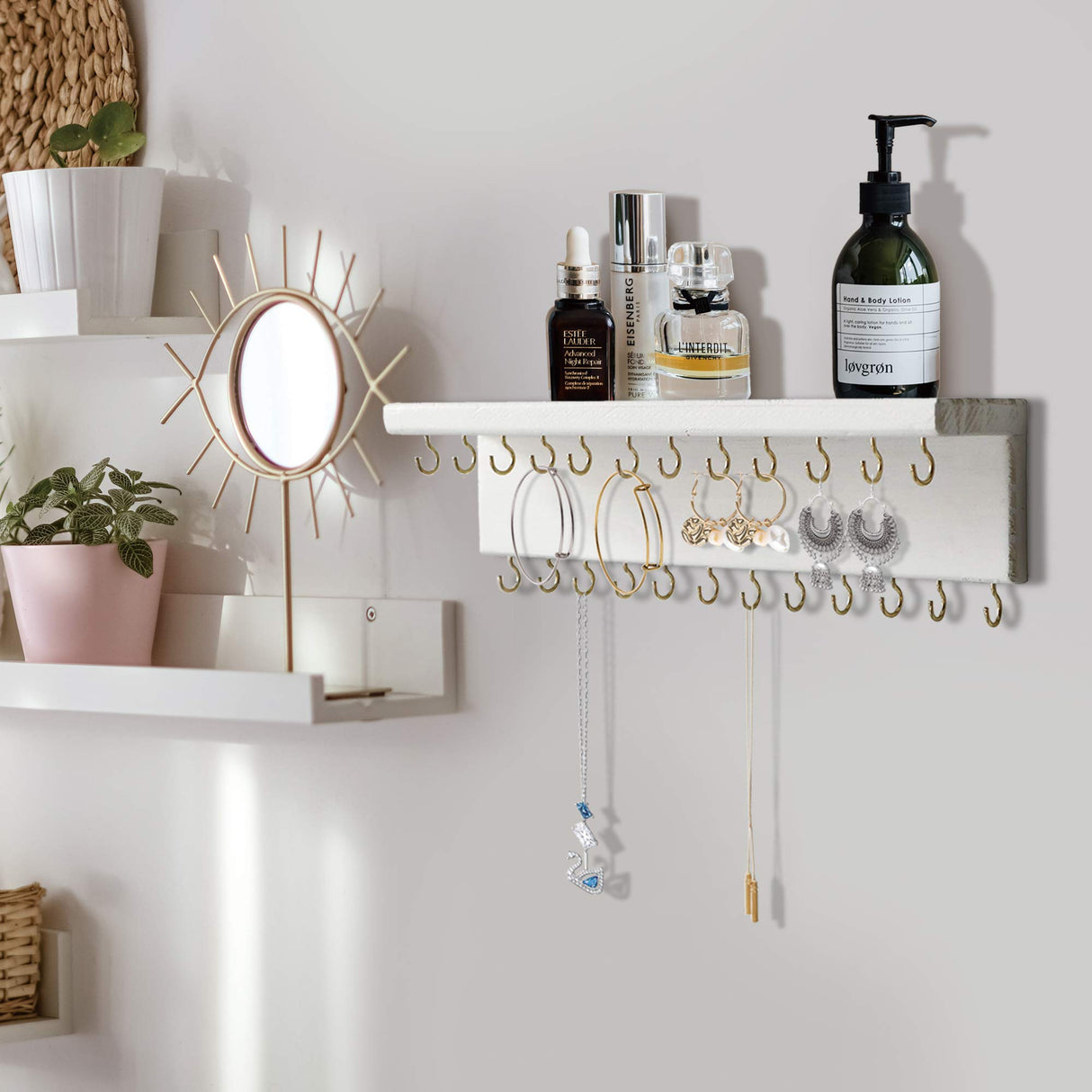 SANY DAYO HOME Jewelry Organizer with 30 Hooks and Cosmetics Shelf, 15 x 3 x 4 inches Wall Mounted Rustic Pine Wood Holder for Necklaces and Bracelets, Suitable for Kids and Adults (Retro White) SANY DAYO HOME