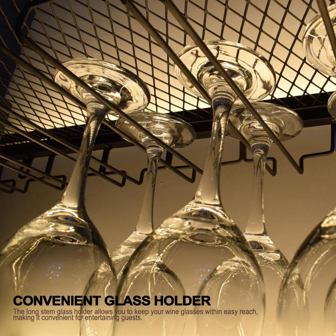 Wall Mounted 79in Wine Rack with LED Lighting Glass Holder, Liquor Bottles Shelves Display Storage Organizer Hanging Long Stemware Goblet Metal for Home Mini Bar Cellar Golden Generic