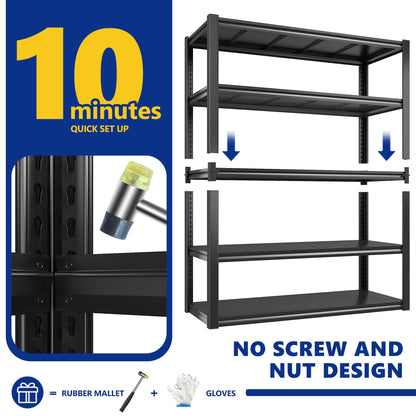 REIBII 48.2''W Garage Shelving 2500LBS Storage Shelves Heavy Duty Shelving 5 Tier Adjustable Metal Shelves for Garage Shelves Storage Rack Industrial Utility Shelf, 48.2''W X 72''H X18''D