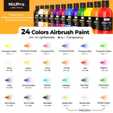 Nicpro 24 Colors Airbrush Paint (8.45 oz, 250 ml) with 1 Thinner, Large Bulk Ready to Spray Airbrush Paint Set, Opaque Water-Based Acrylic Air brush Paints for Model, Metal, Plastic, Wood, Canvas Nicpro