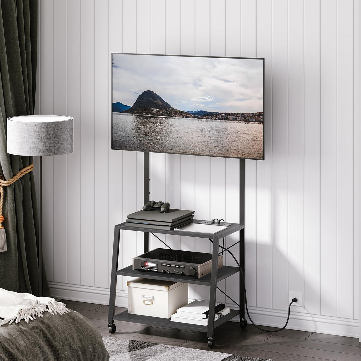 HOOBRO Rolling TV Stand with Mount and Power Outlet Up to 55 inch TVs, Corner Entertainment Center, Small TV Stand with 3-Tier Storage Shelves for Living Room, Bedroom, Black BB66UDS01 HOOBRO