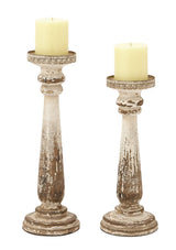 Deco 79 Wood Distressed Pillar Candle Holder, Set of 2 13", 15"H, Brown Deco 79