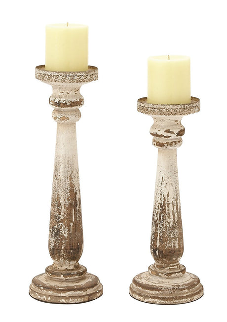 Deco 79 Wood Distressed Pillar Candle Holder, Set of 2 13", 15"H, Brown Deco 79