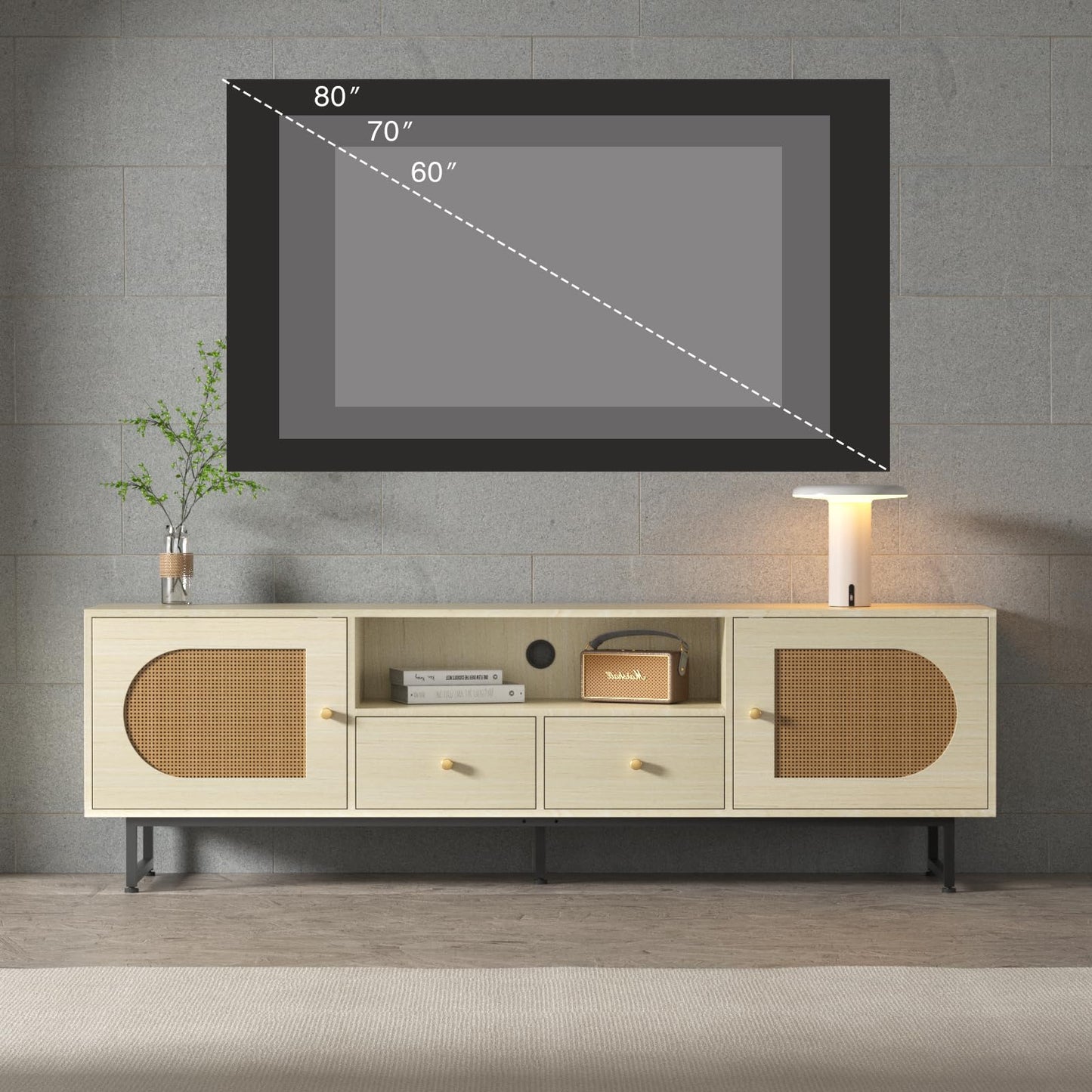 Long TV Stand for 70 75 inch TV, Rattan Entertainment Center with Storage Cabinets & Open Shelves, Modern TV Console Table for TVs Up to 80” for Living Room, Beige