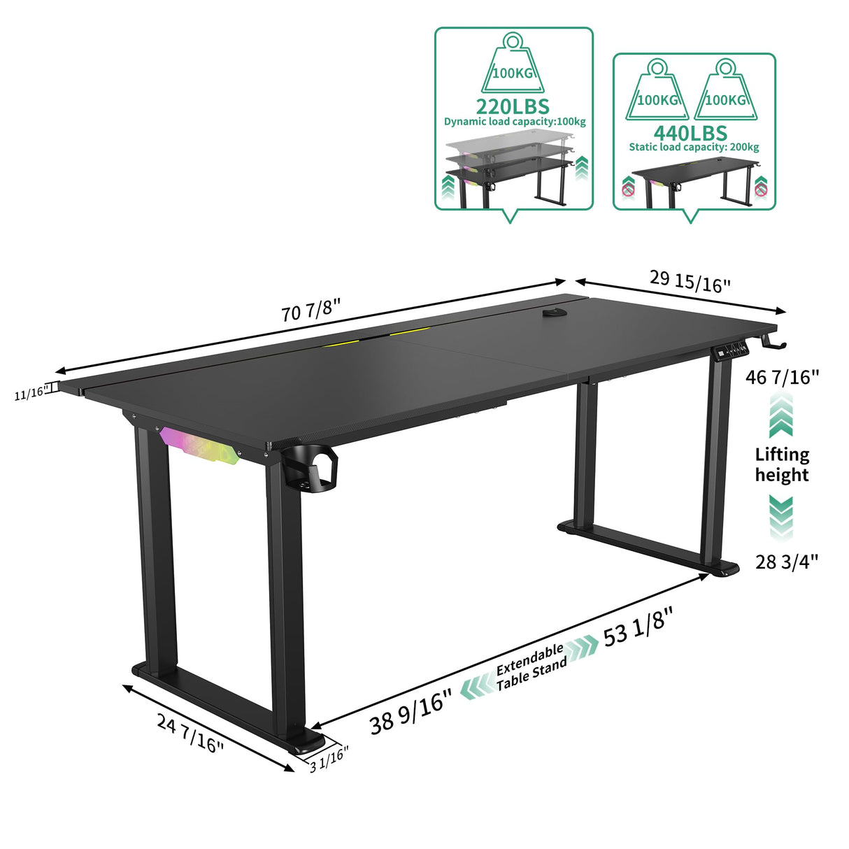 JWX 4 Legs Standing Desk with Dual Motor, Flip-up Cable Management Design with Acrylic Led Light JWX