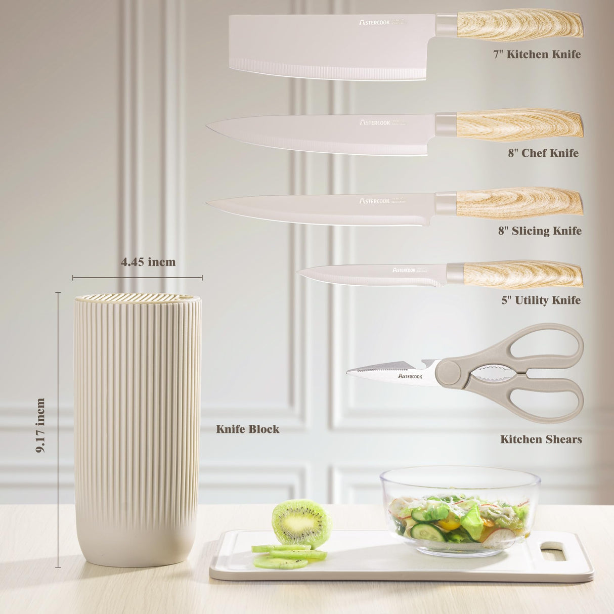 Knife Set, Astercook 6 Piece Khaki Kitchen Knife Set, Non-stick Stainless Steel Knife Block Set, Anti-Rust Dishwasher Safe Knife Set with Block Astercook