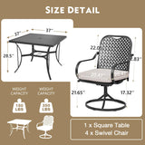 MELLCOM 5 Pcs Outdoor Dining Set, 4 Swivel Rocker Chairs with Thick Cushions & Square Dining Table with Umbrella Hole, Patio Furniture Set for Porch, Beige MELLCOM