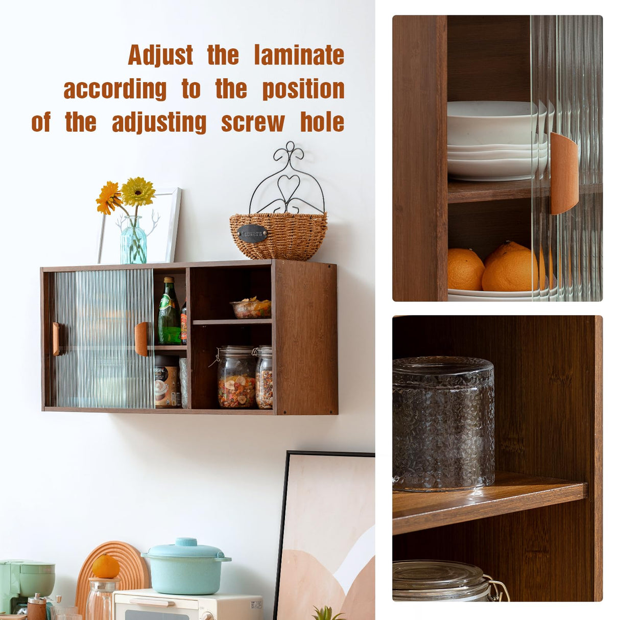 HollyHOME Bamboo Wall Mounted Kitchen Sideboard with 2 Sliding Glass Door, Freestanding Wall Storage Cabinet with Side Shelf for Bottle, Dish, Bowl, Console Dining Cupboard, Walnut HollyHOME