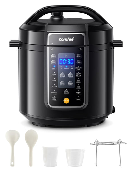 COMFEE’ 9-in-1 Electric Pressure Cooker 13 Presets Instant Multi Cooker Olla de Presion Slow Cooker Rice Cooker Steamer Sauté Yogurt Maker Non-Stick Pot 6 Quart Black, Aluminum COMFEE'
