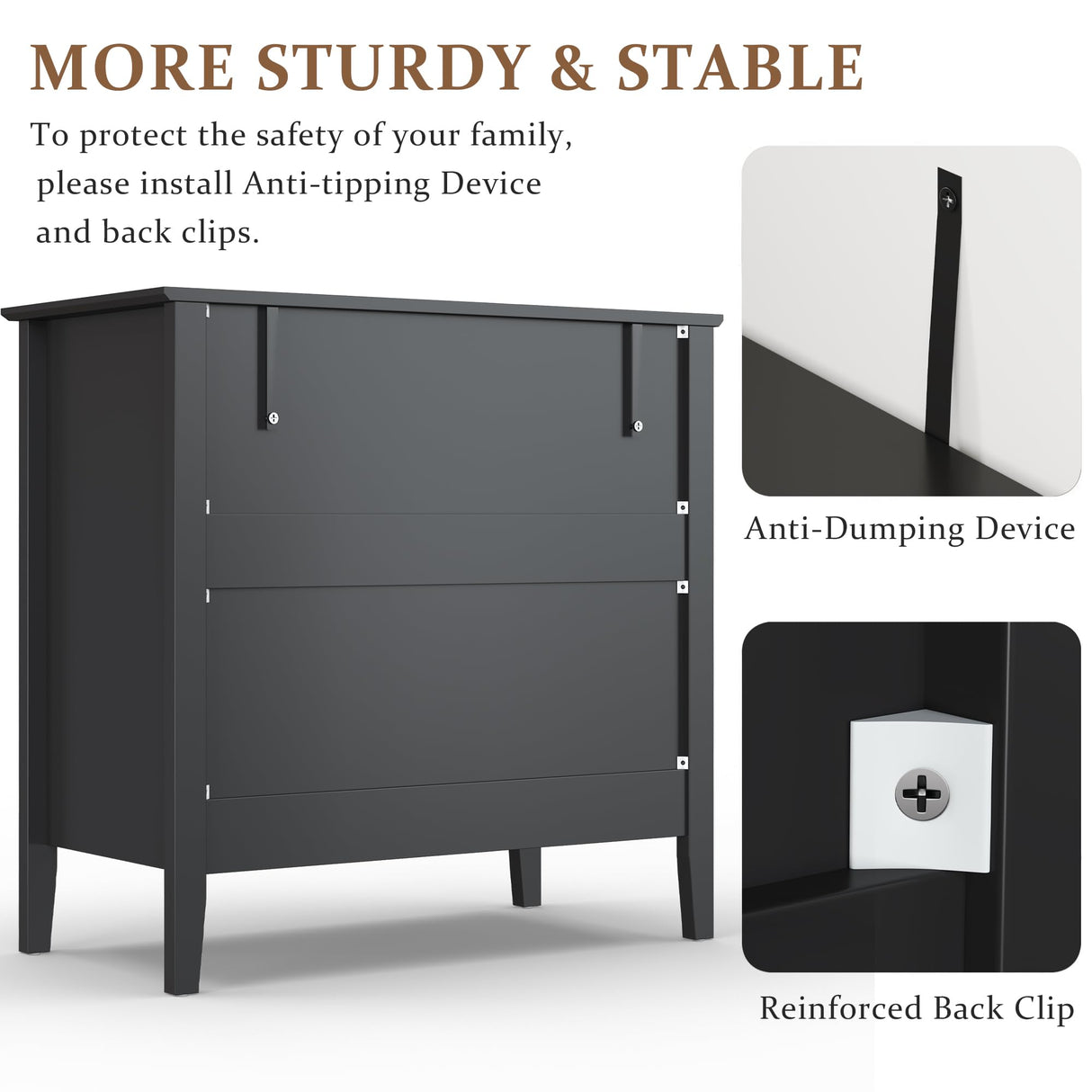 RoyalCraft 3 Drawer Dresser Set of 2, Fluted Chest of Drawers with Storage, Modern Painted 30 inch Tall Nightstand for Bedroom Living Room Entryway, Black RoyalCraft