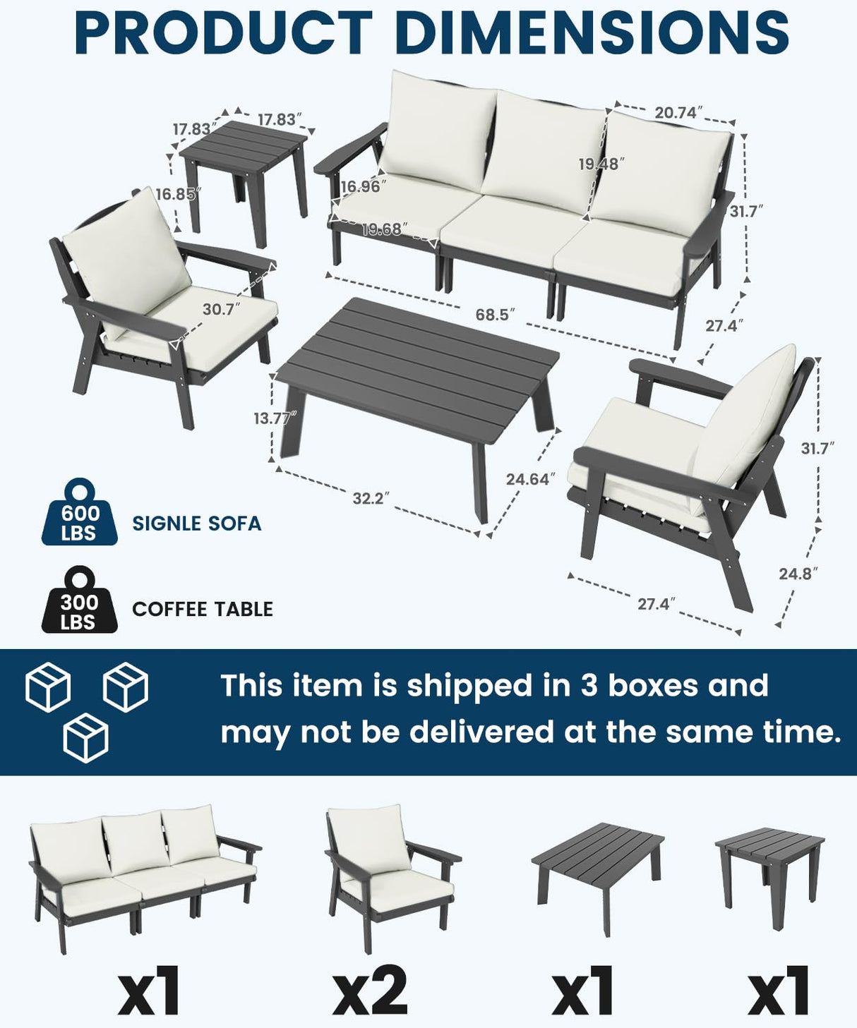 FOOWIN 7-Piece Patio Furniture Set, HDPE All-Weather Outdoor Conversation Set with Thick Cushions, Sectional Patio Sofa Furniture for Deck, Porch, Lawn, Garden, Grey Frame & White Cushion FOOWIN