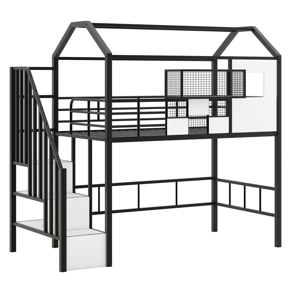 Bellemave Twin Loft Bed with Storage Stairs, Roof, Window and Guardrail, House Loft Bed Twin Size/Metal Loft Bed with Storage Box, Twin Loft Bed for Kids, Girls Boys, Twin Size House Loft Bed Black Bellemave