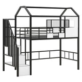 Bellemave Twin Loft Bed with Storage Stairs, Roof, Window and Guardrail, House Loft Bed Twin Size/Metal Loft Bed with Storage Box, Twin Loft Bed for Kids, Girls Boys, Twin Size House Loft Bed Black Bellemave