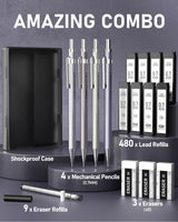 Four Candies 0.7mm Mechanical Pencil Set with Case - 4PCS Metal Mechanical Pencils, 8 Tubes HB #2 Lead Refills, 3PCS 4B Erasers and 9PCS Eraser Refills, Lead Mechanical Pencils for Writing & Drawing Four Candies