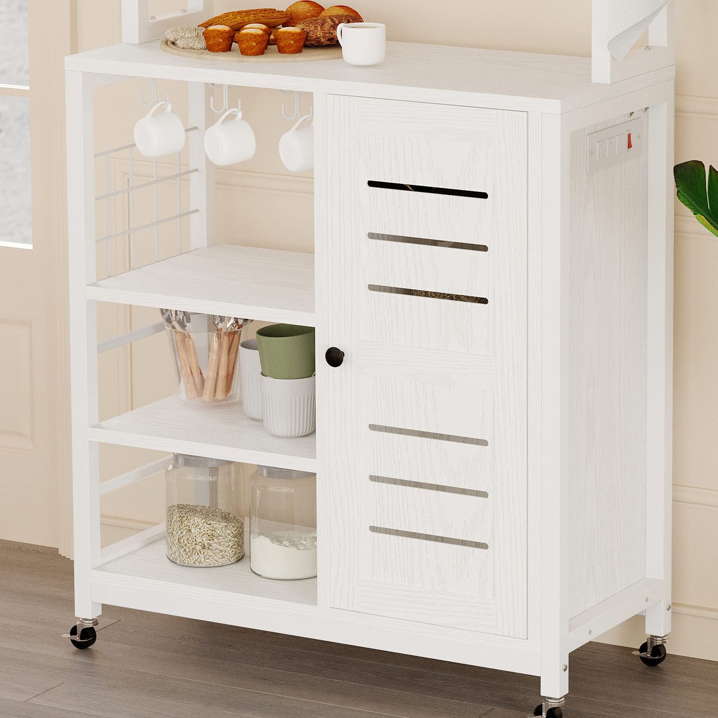 IRONCK Bakers Rack, Microwave Stand with Power Outlets, Kitchen Storage with Wheels and Feet, Coffee Station with Cabinets and 10 S-Hooks, White