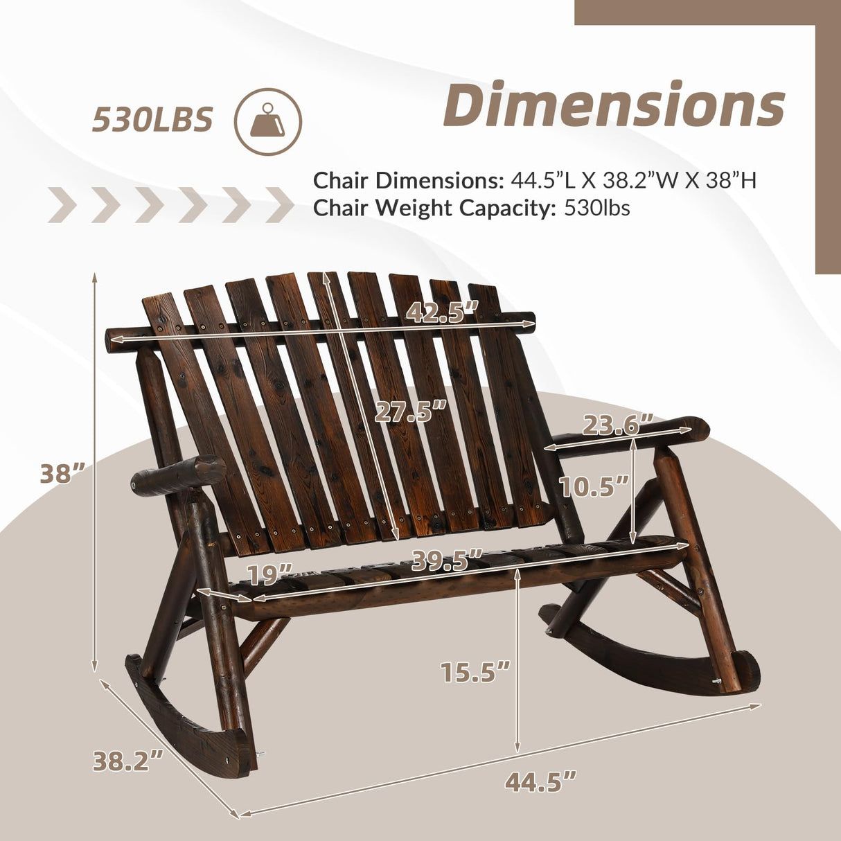 EPICOZY Outdoor Double Wooden Rocking Bench, Adirondack Porch Rocker Chair for 2 Persons, Patio Rustic Log Rocker Loveseat with High Slatted Seat & Backrest for Deck, Backyard, Garden, Carbonized EPICOZY